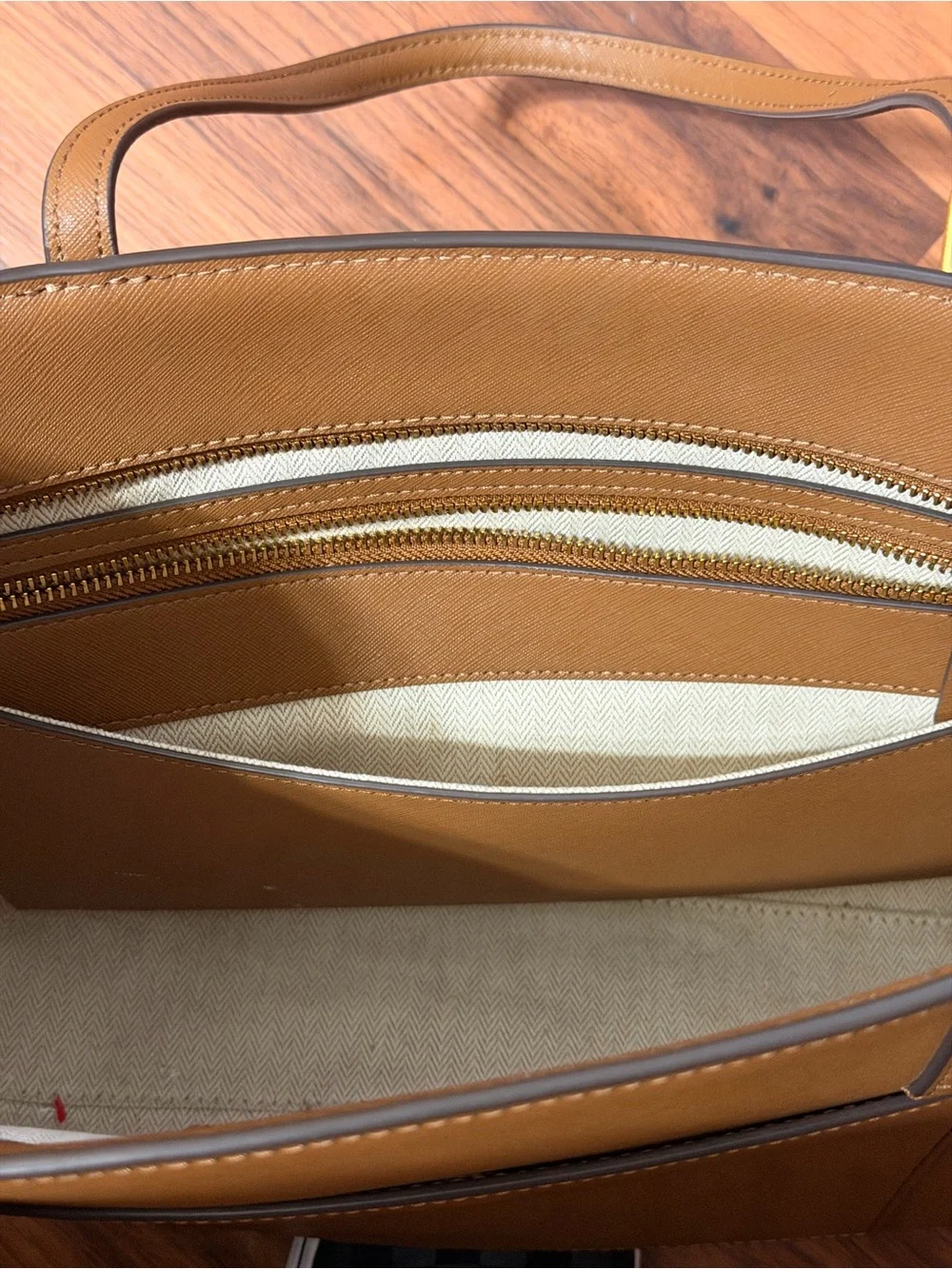 Tory Burch Caramel Leather Tote with Gold Logo